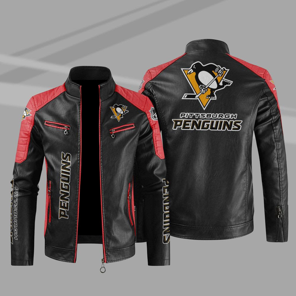 Pittsburgh Penguins Block Red Black Leather Jacket Pittsburgh Penguins Block Red Black Leather Jacket