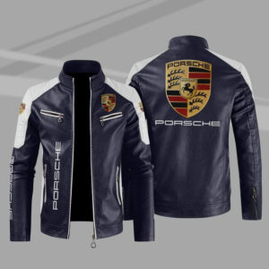 Porsche Color Block Blue White Leather Jacket