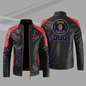 Saab Automobile Black Red Color Block Leather Jacket