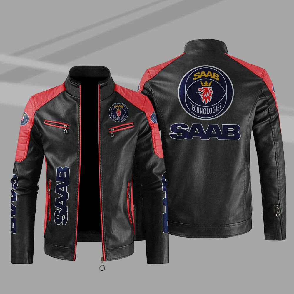 Saab Automobile Black Red Color Block Leather Jacket (1) Saab Automobile Black Red Color Block Leather Jacket