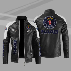 Saab Automobile Black White Color Block Leather Jacket