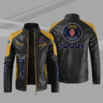 Saab Automobile Black Yellow Color Block Leather Jacket