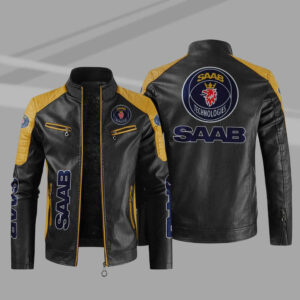 Saab Automobile Black Yellow Color Block Leather Jacket