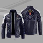 Saab Automobile Blue White Color Block Leather Jacket