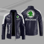 Skoda Car Motor Block Blue White Leather Jacket
