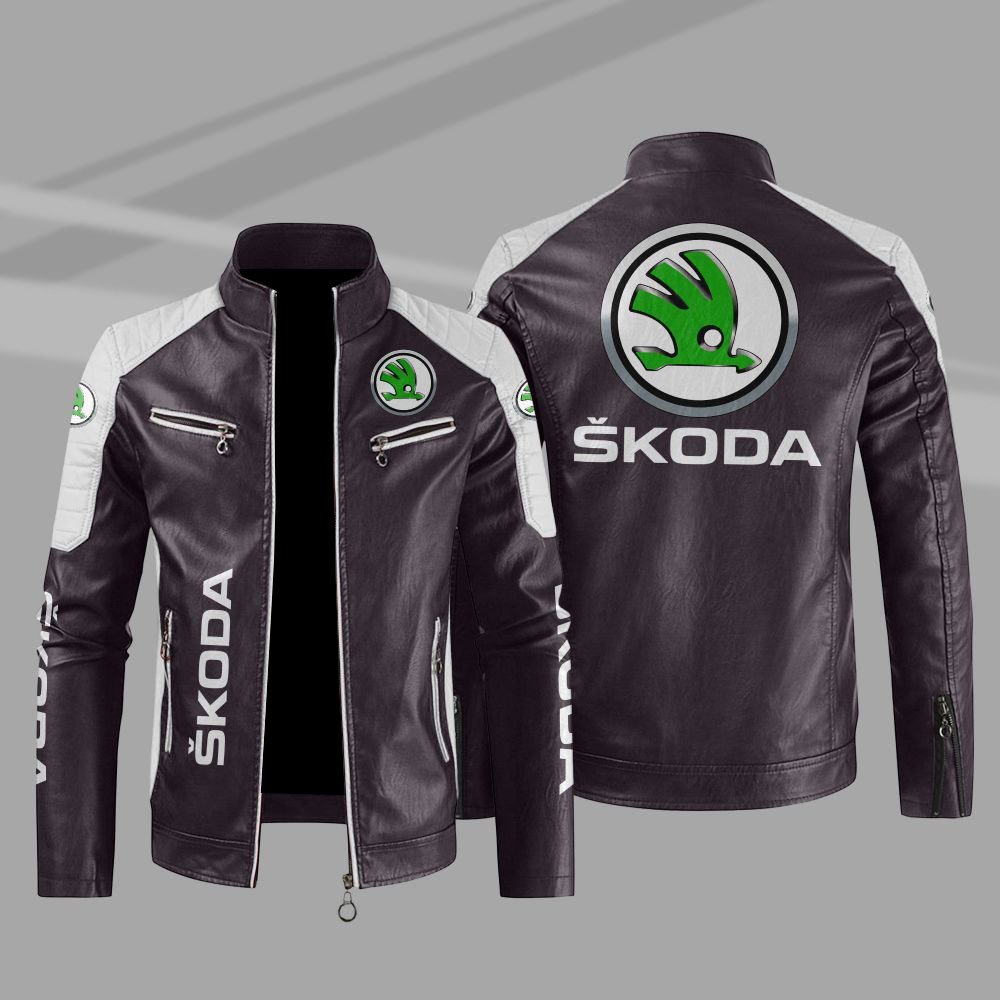 Skoda Car Motor Block Brown White Leather Jacket