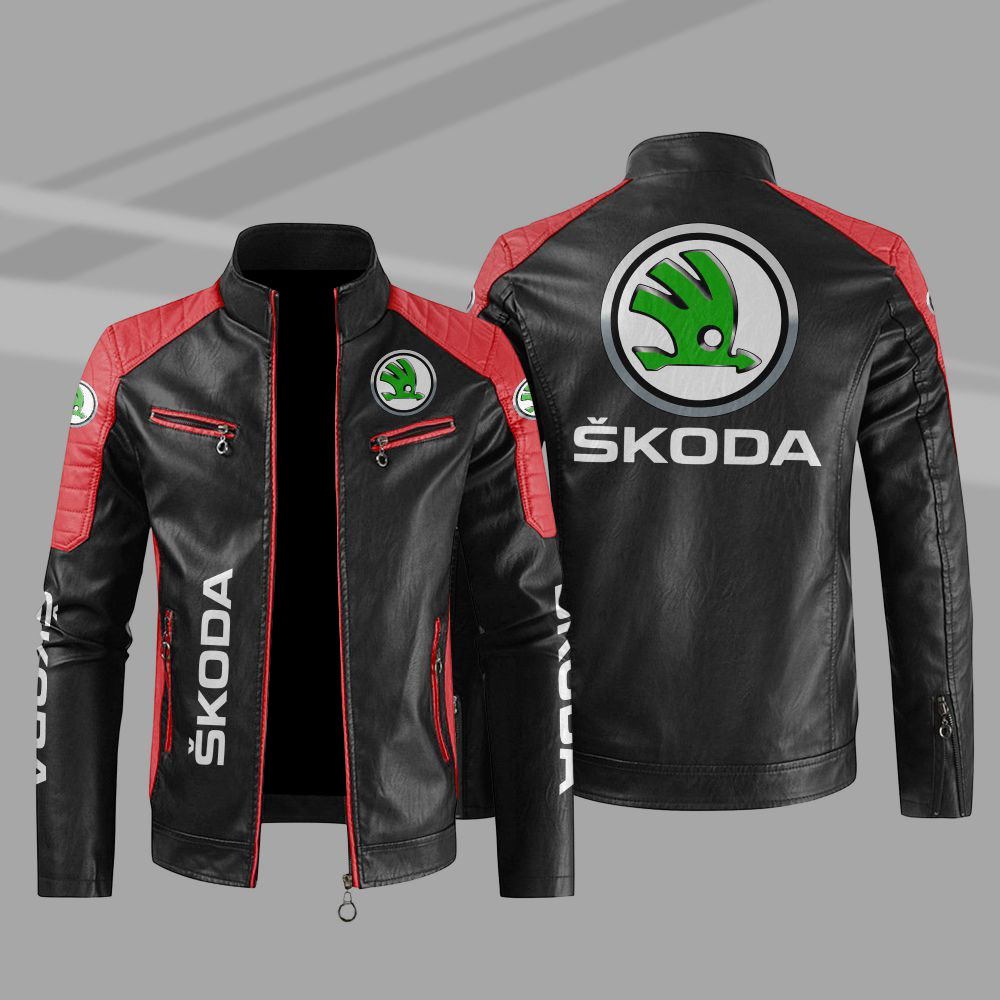 Skoda Car Motor Block Red Black Leather Jacket