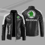 Skoda Car Motor Block White Black Leather Jacket