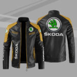 Skoda Car Motor Block Yellow Black Leather Jacket