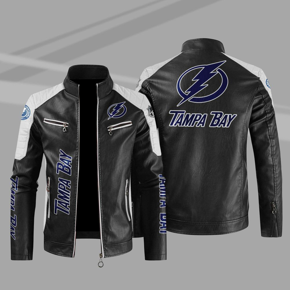 Tampa Bay Lightning Block White Black Leather Jacket Tampa Bay Lightning Block White Black Leather Jacket