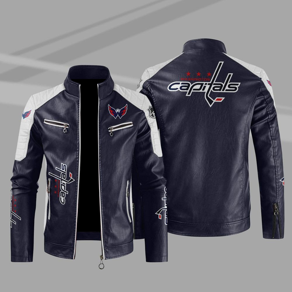 Washington Capitals Block Blue White Leather Jacket Washington Capitals Block Blue White Leather Jacket