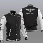 "Black and white Bentley varsity baseball jacket featuring Bentley logo on front chest, sleeves, and large emblem on the back, with striped collar, cuffs, and waistband."