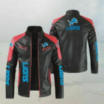 Black Red Detroit Lions Block Leather Jacket