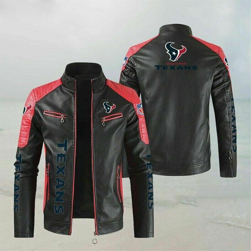 Black Red Houston Texans Block Leather Jacket (1) Black Red Houston Texans Block Leather Jacket