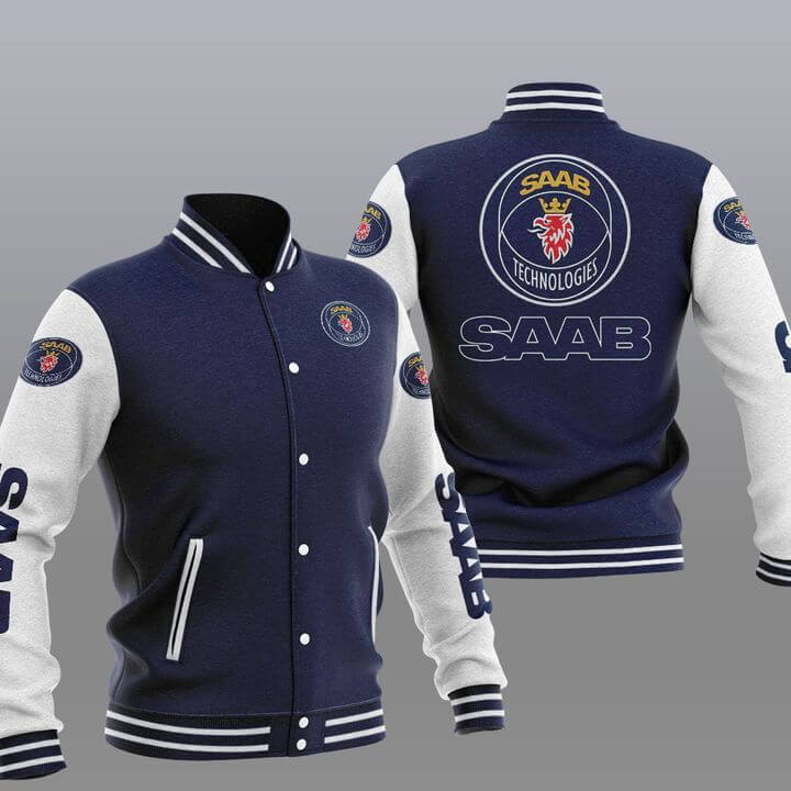 Blue White Saab Automobile Baseball Varsity Jacket - Maker of Jacket