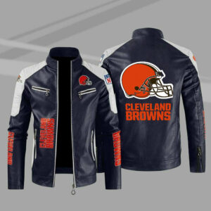 Cleveland Browns Blue White Color Block Leather Jacket