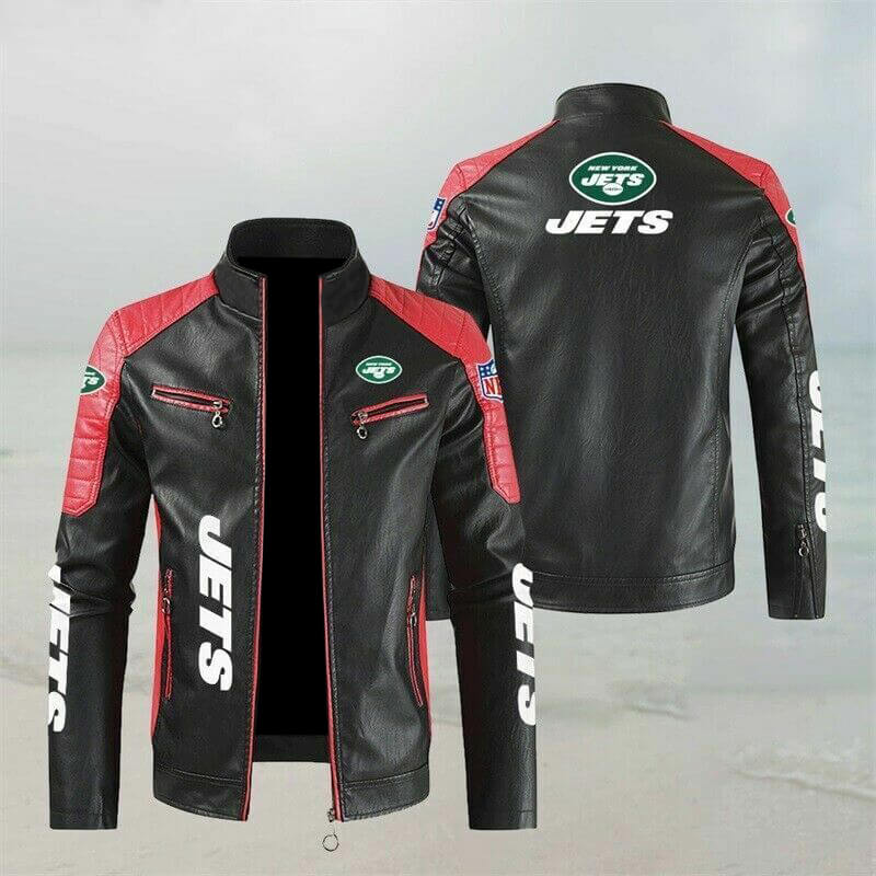 NFL Red New York Jets Color Block Leather Jacket NFL Red New York Jets Color Block Leather Jacket
