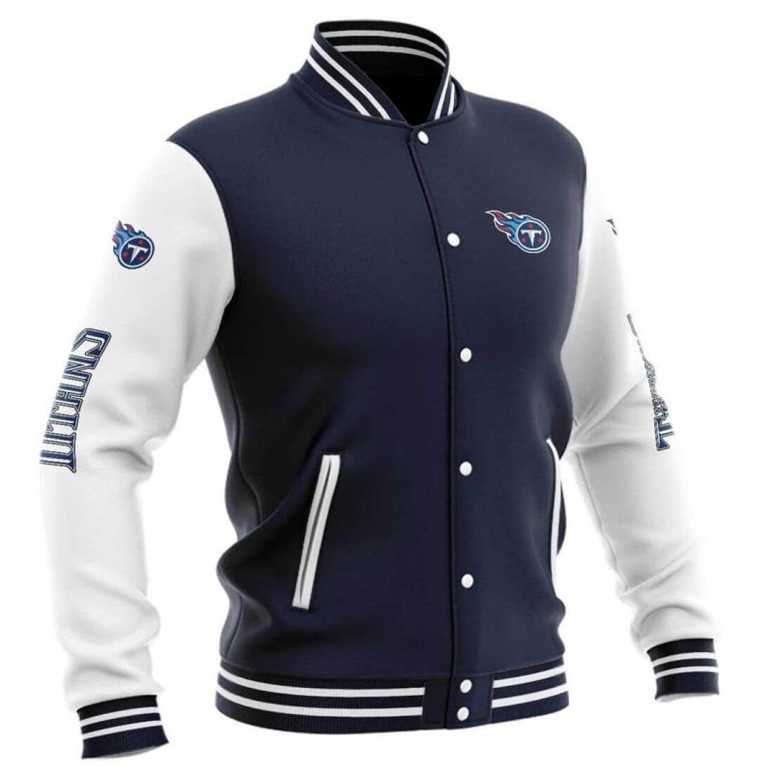 Navy White NFL Tennessee Titans Baseball Varsity Jacket (1) Navy White NFL Tennessee Titans Baseball Varsity Jacket
