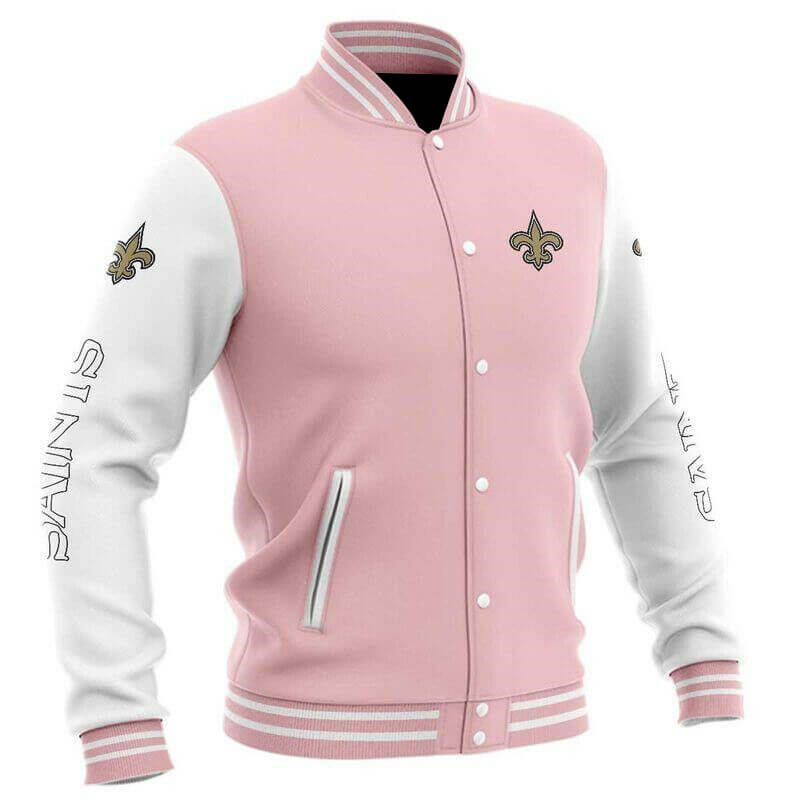 Pink New Orleans Saints NFL Baseball Varsity Jacket (1) Pink New Orleans Saints NFL Baseball Varsity Jacket