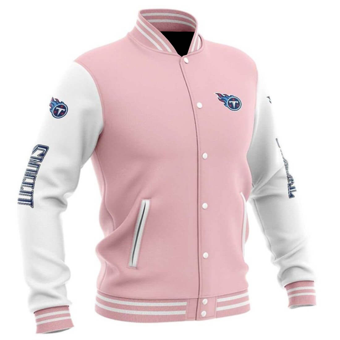 Pink White NFL Tennessee Titans Baseball Varsity Jacket (1) Pink White NFL Tennessee Titans Baseball Varsity Jacket