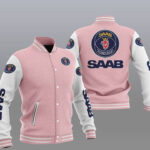 Pink White Saab Automobile Baseball Varsity Jacket