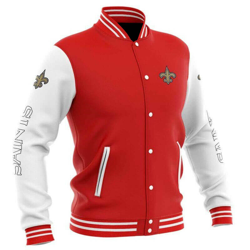 Red New Orleans Saints NFL Baseball Varsity Jacket (1) Red New Orleans Saints NFL Baseball Varsity Jacket