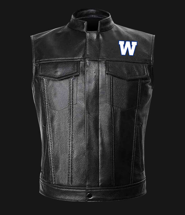 CFL Team Winnipeg Blue Bombers Black Leather Vest (1) CFL Team Winnipeg Blue Bombers Black Leather Vest