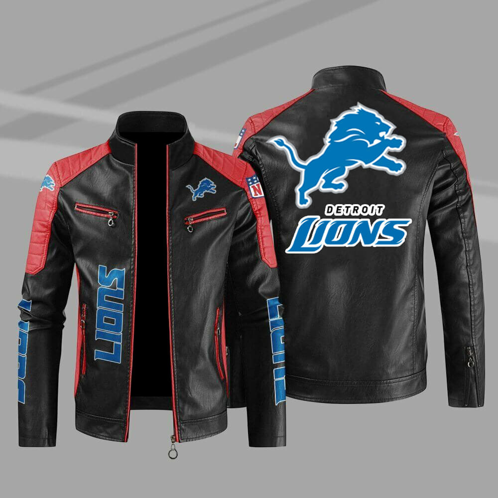 Detroit Lions Red Color Block Leather Jacket Detroit Lions Red Color Block Leather Jacket