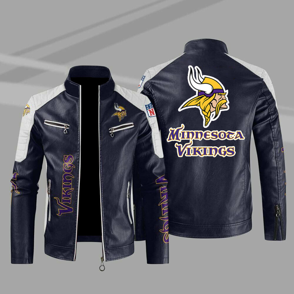 Minnesota Vikings Blue Color Block Leather Jacket Minnesota Vikings Blue Color Block Leather Jacket