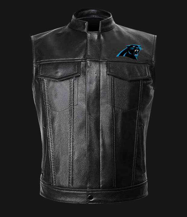 NFL Team Carolina Panthers Black Leather Vest (1) NFL Team Carolina Panthers Black Leather Vest