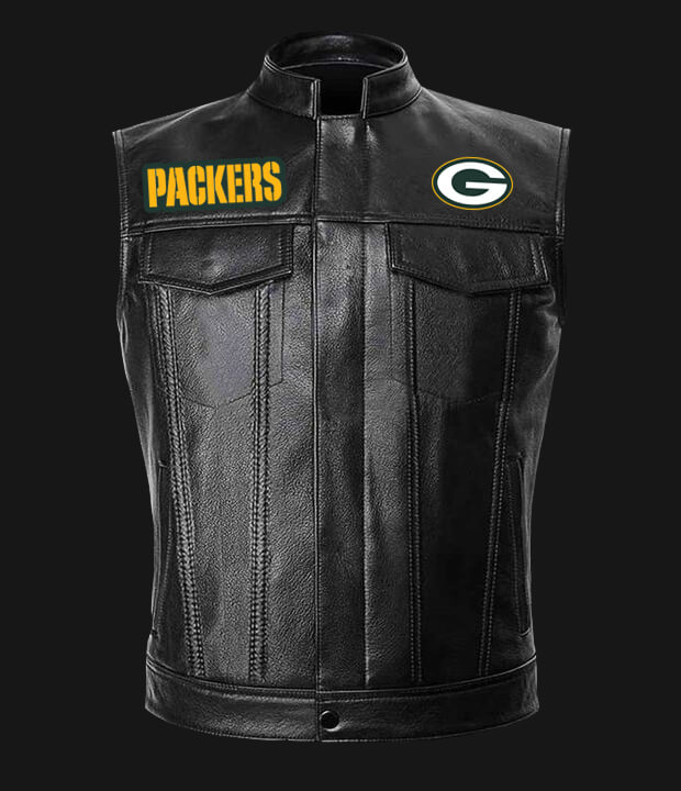 NFL Team Green Bay Packers Black Leather Vest - Maker of Jacket