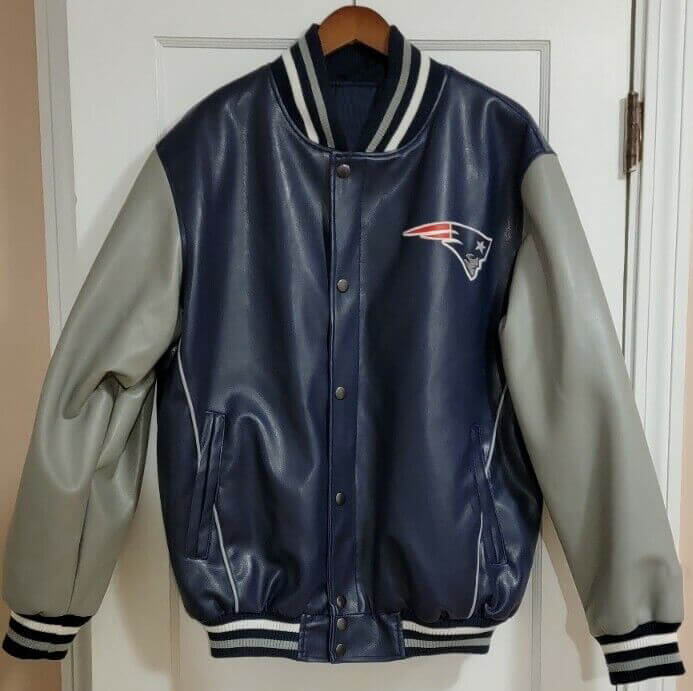 New England Patriots Navy Blue And Silver Leather Jacket (1) New England Patriots Navy Blue And Silver Leather Jacket