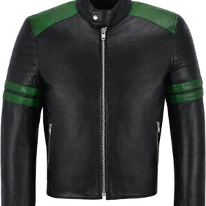 Black And Green Stripe Biker Style Leather Jacket
