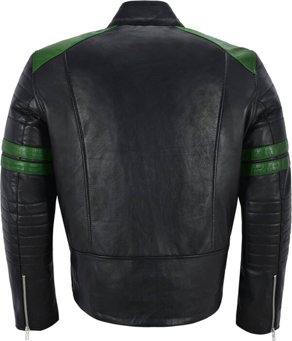 Black And Green Stripe Biker Style Leather Jacket