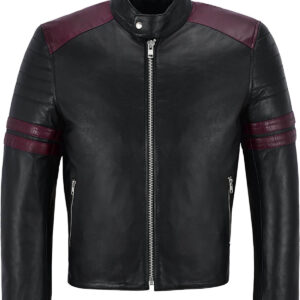 Black And Maroon Stripe Biker Style Leather Jacket
