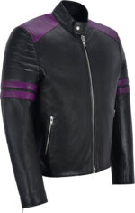 Black And Purple Stripe Biker Style Leather Jacket