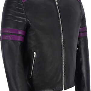 Black And Purple Stripe Biker Style Leather Jacket
