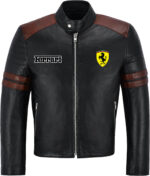 Black Brown Ferrari Motorcycle Racing Leather Jacket