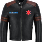 Black Brown Suzuki Motorcycle Racing Leather Jacket
