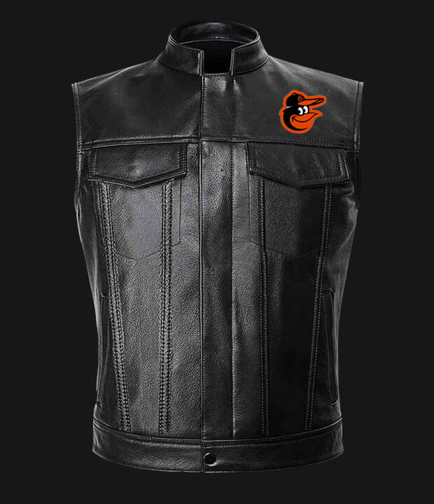 MLB Team Baltimore Orioles Black Leather Vest (1) MLB Team Baltimore Orioles Black Leather Vest