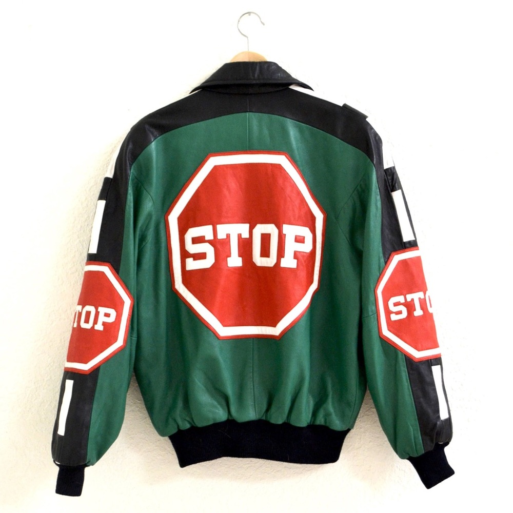 Michael Hoban Stop Sign Green Baseball Leather Jacket (1) Michael Hoban Stop Sign Green Baseball Leather Jacket