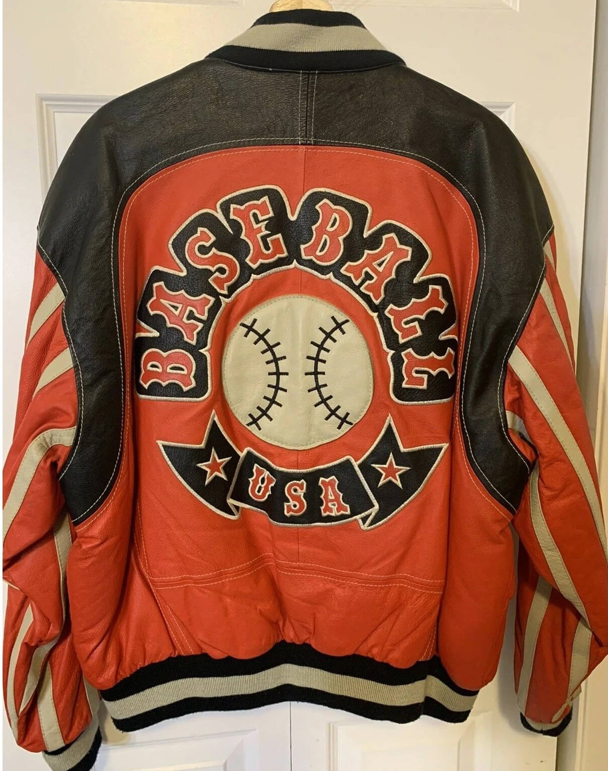 Vintage Baseball USA Orange And Black Leather Jacket (1) Vintage Baseball USA Orange And Black Leather Jacket