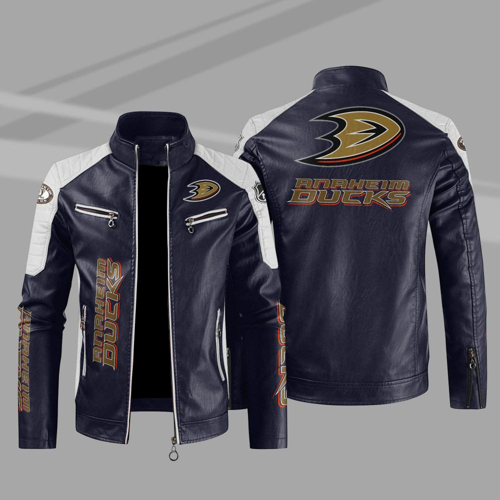 Anaheim Ducks Block Blue White Leather Jacket Anaheim Ducks Block Blue White Leather Jacket