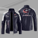 Columbus Blue Block Blue White Leather Jacket