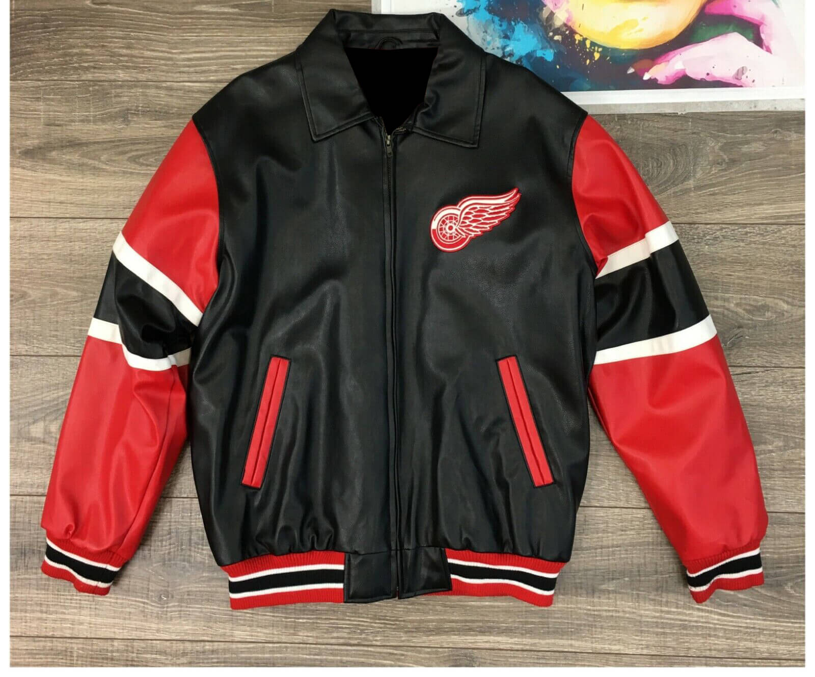 Detroit Red Wings Zip Vintage Leather Jacket (1) Detroit Red Wings Zip Vintage Leather Jacket