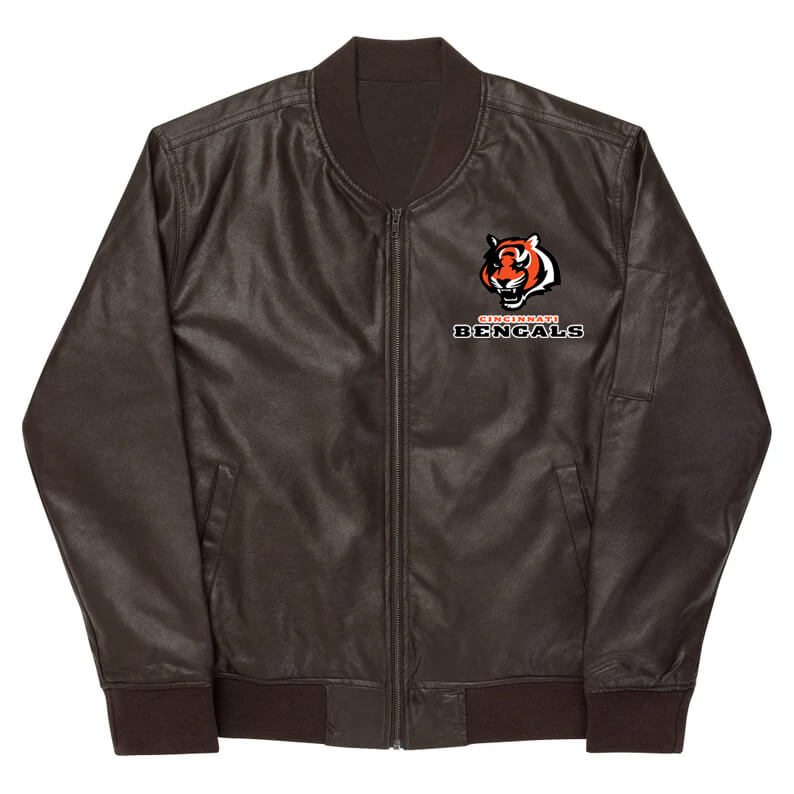 NFL Cincinnati Bengals Brown Leather Varsity Jacket (1) NFL Cincinnati Bengals Brown Leather Varsity Jacket