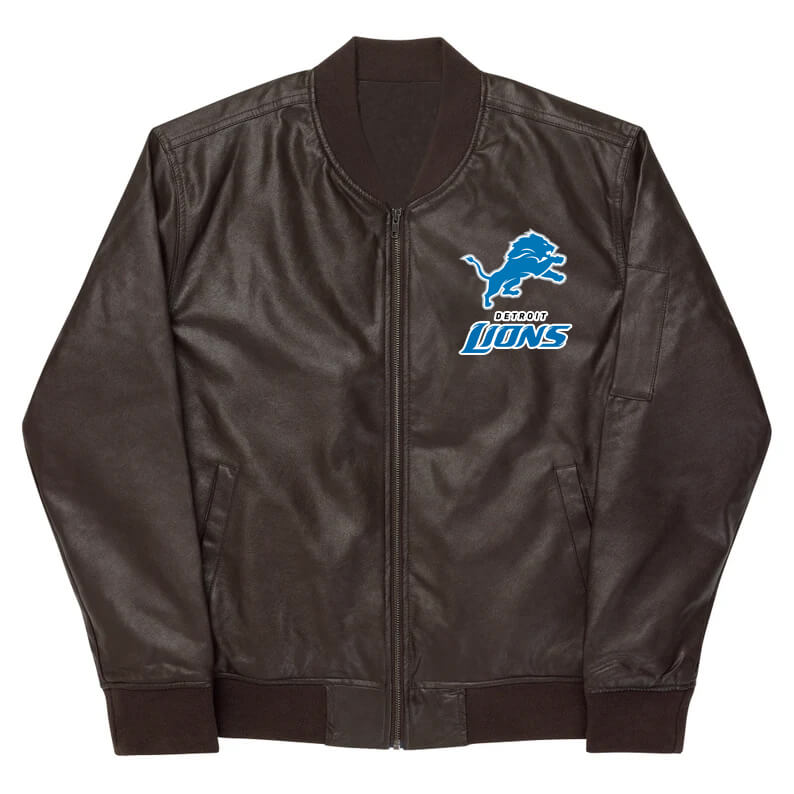 NFL Detroit Lions Brown Leather Varsity Jacket (1) NFL Detroit Lions Brown Leather Varsity Jacket