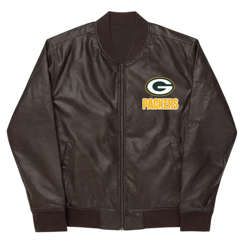 NFL Green Bay Packers Brown Leather Varsity Jacket (1) NFL Green Bay Packers Brown Leather Varsity Jacket
