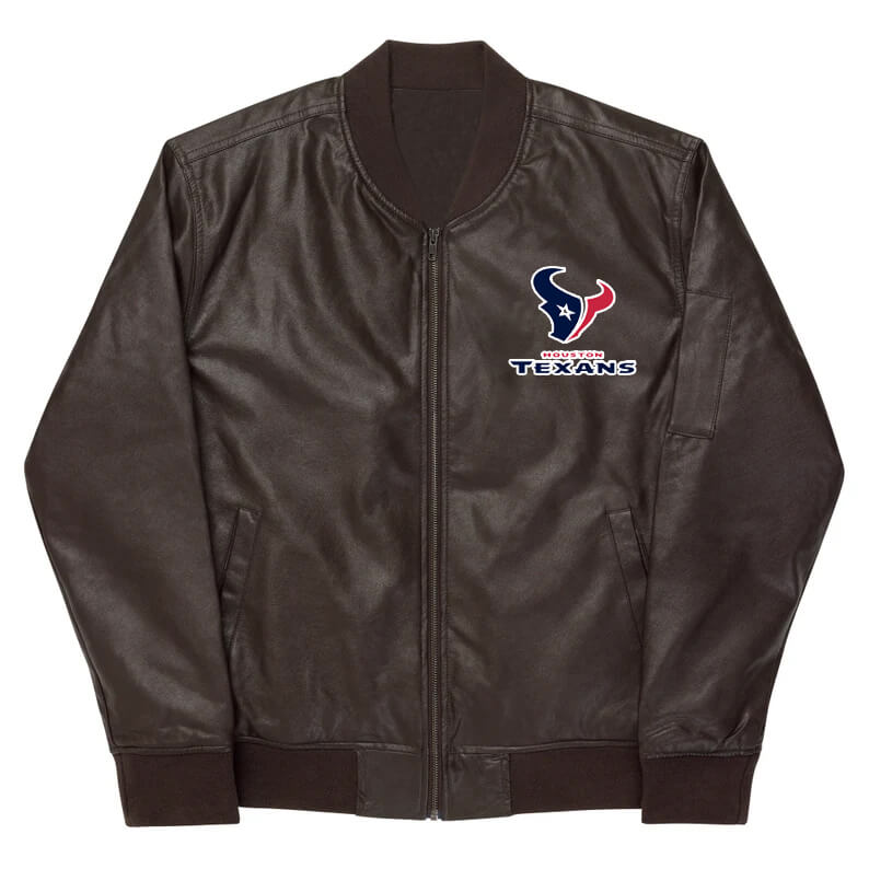 NFL Houston Texans Brown Leather Varsity Jacket (1) NFL Houston Texans Brown Leather Varsity Jacket