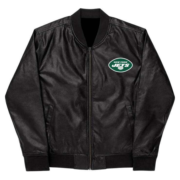 NFL New York Jets Black Leather Varsity Jacket (1) NFL New York Jets Black Leather Varsity Jacket